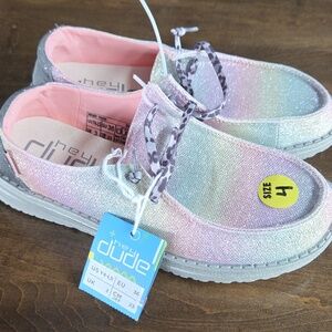 Hey Dude Size 4 NEW Girl's Pastel Glitter Slip-On Sneakers